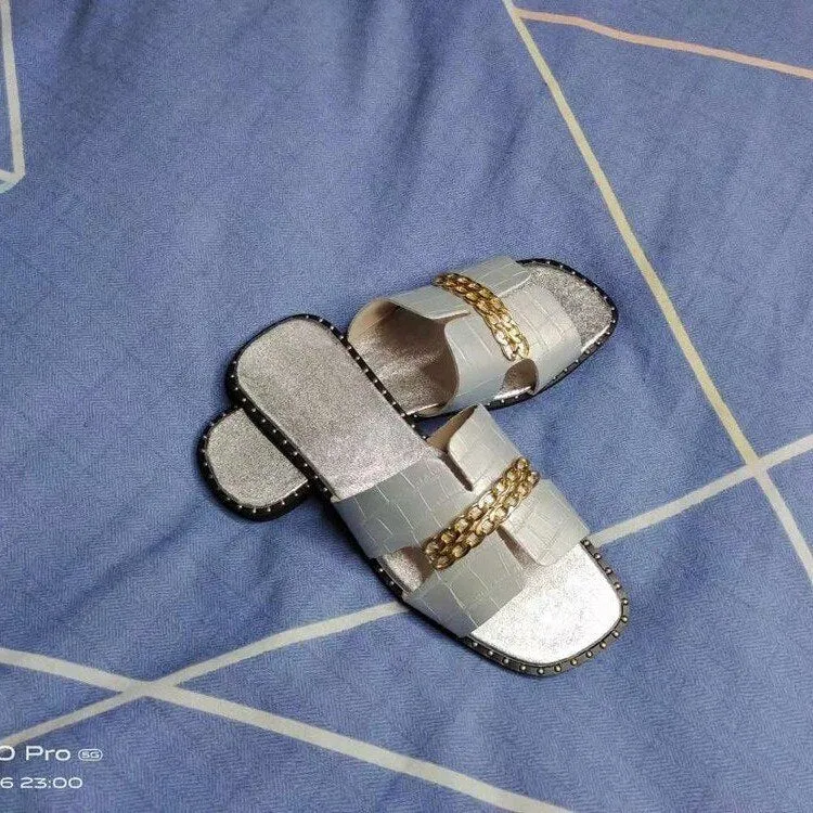 Amozae  Women's Slippers New Summer Fashion Flat Sandals European Plus Size Women's Metal Chain Beach Flip Flops Female Sandals