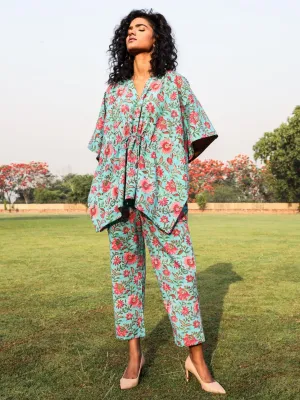 Aqua Cotton Block Print Kaftan Co-Ord Set