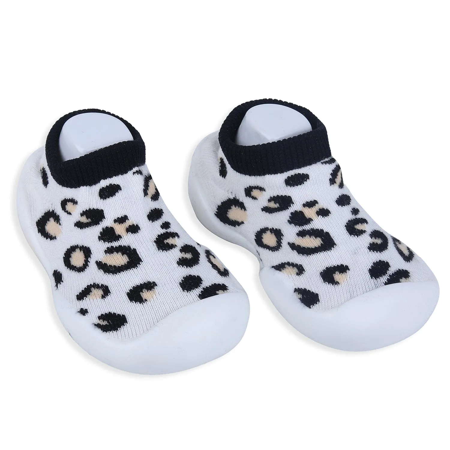 Baby Moo Leopard Print Rubber Comfortable Sole Slip-On Sock Shoes - White