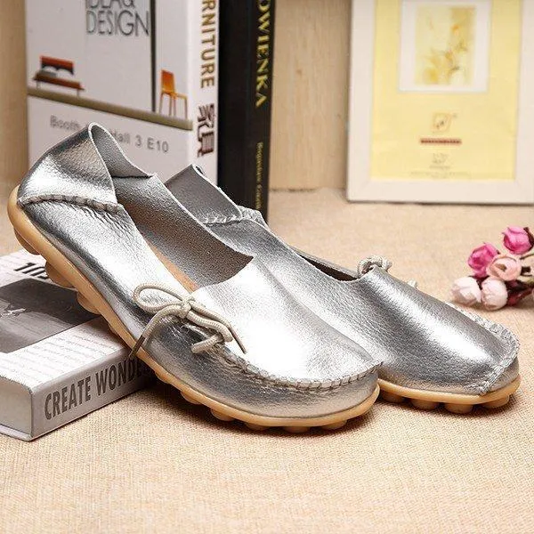 Big Size Shine Lace Up Flat Soft Pure Color Leather Shoes