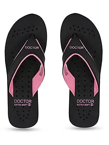 DOCTOR EXTRA SOFT Care Diabetic Orthopedic Pregnancy Flat Super Comfort Dr Flipflops and House Slippers For Women's and Girl's D-18-Black Pink-6 UK