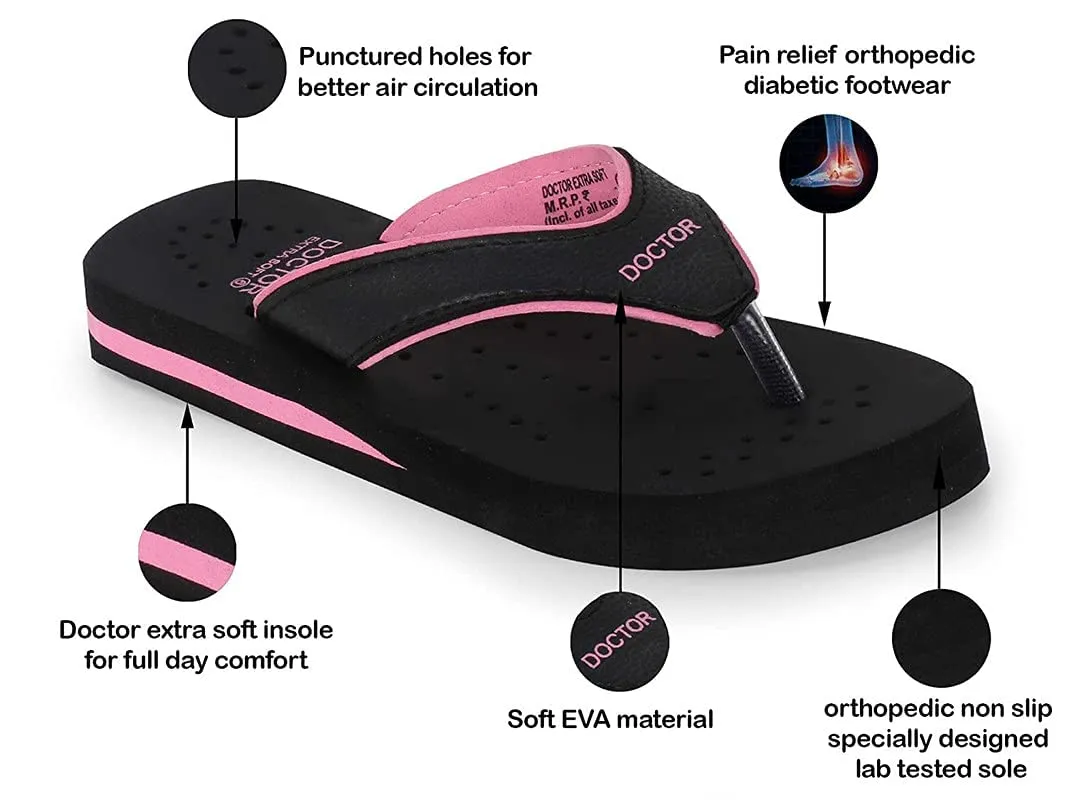 DOCTOR EXTRA SOFT Care Diabetic Orthopedic Pregnancy Flat Super Comfort Dr Flipflops and House Slippers For Women's and Girl's D-18-Black Pink-6 UK