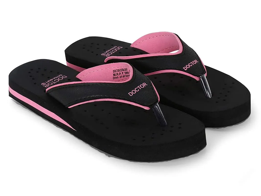 DOCTOR EXTRA SOFT Care Diabetic Orthopedic Pregnancy Flat Super Comfort Dr Flipflops and House Slippers For Women's and Girl's D-18-Black Pink-6 UK