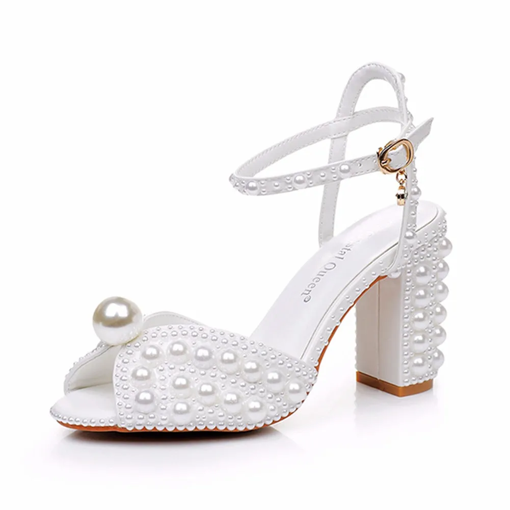 Elegant Open Toe Ankle Strap Wedding Shoes With Pearl