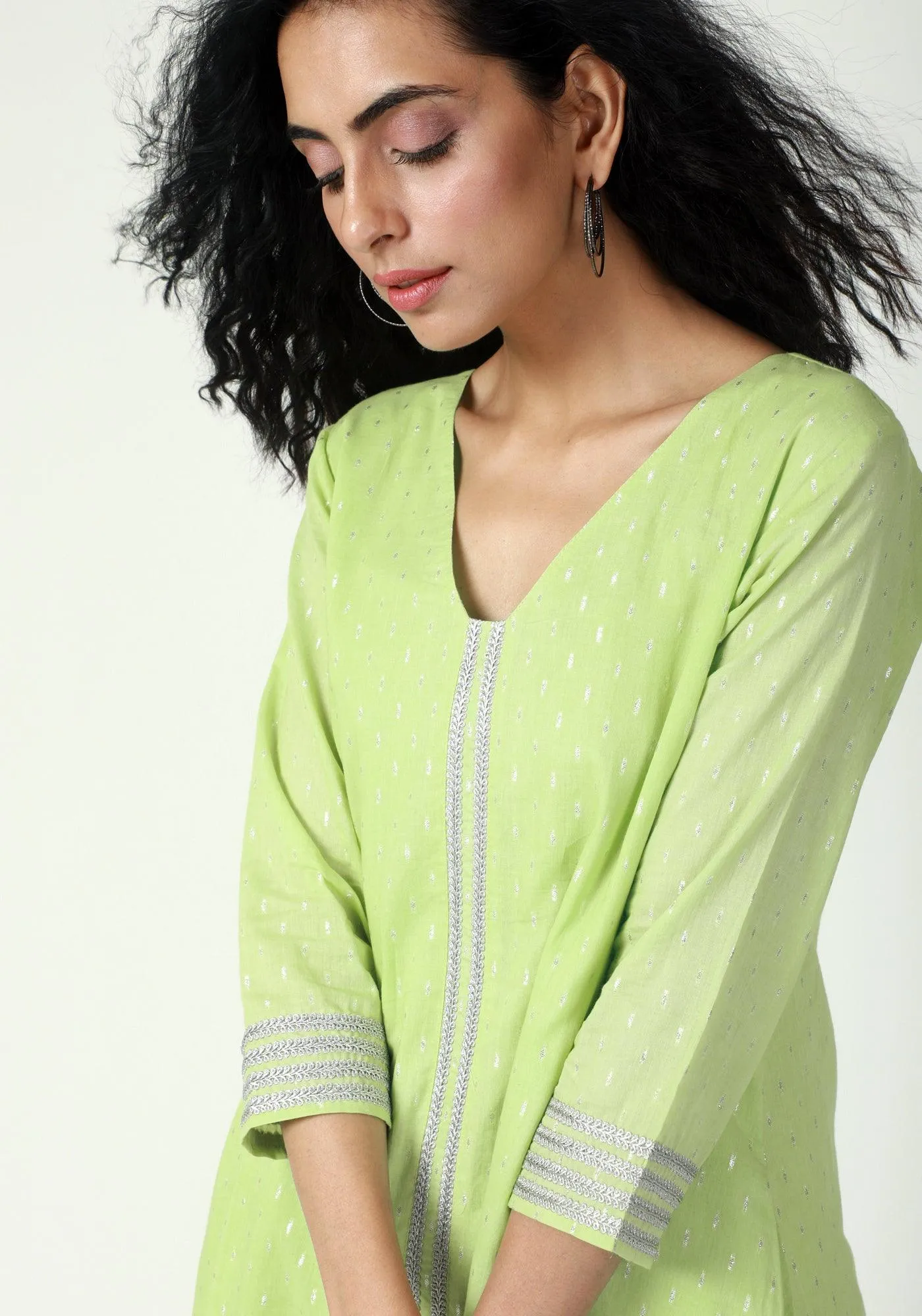 Green Silver Laced Kurta- Ruffled Pant