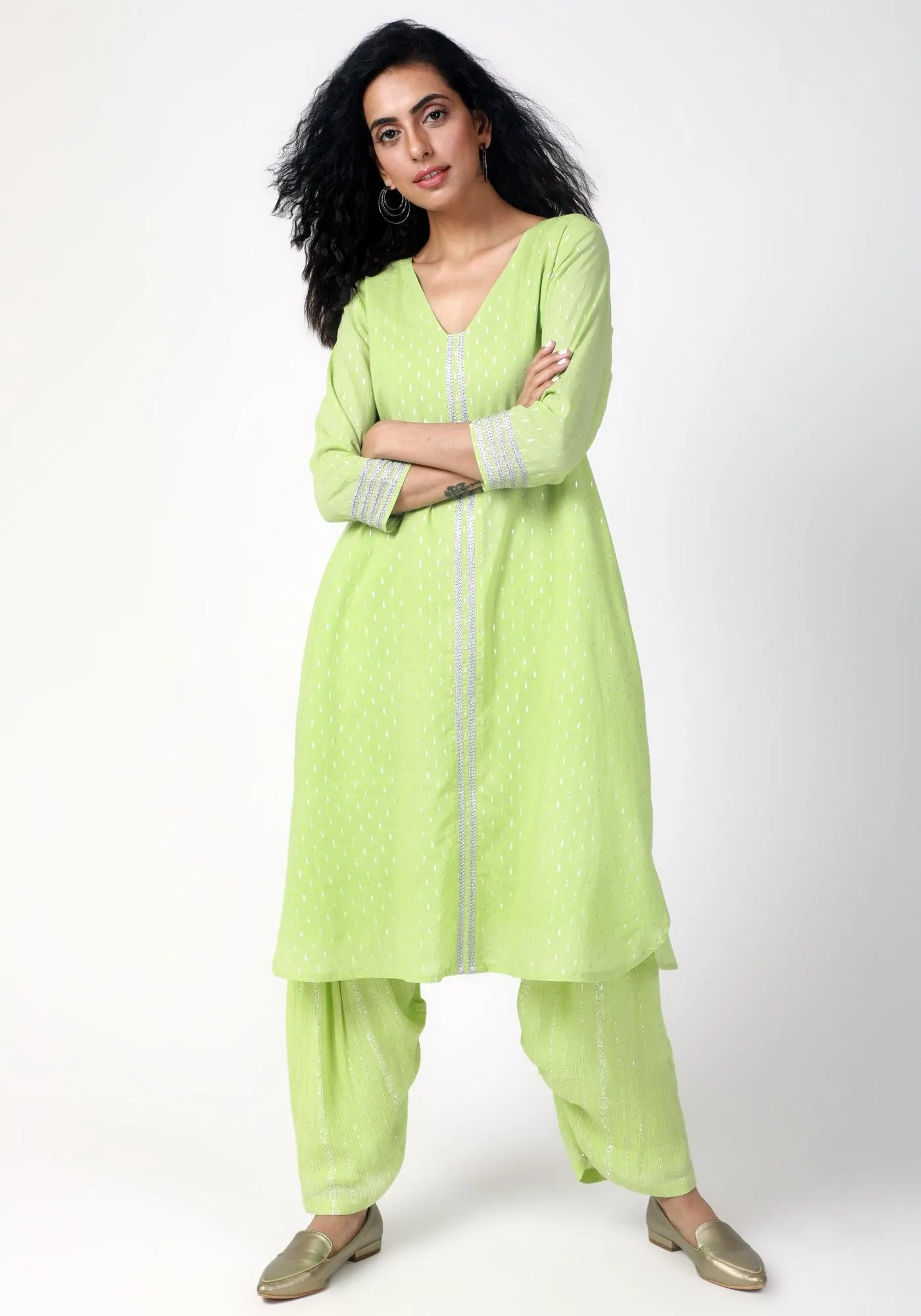 Green Silver Laced Kurta- Ruffled Pant