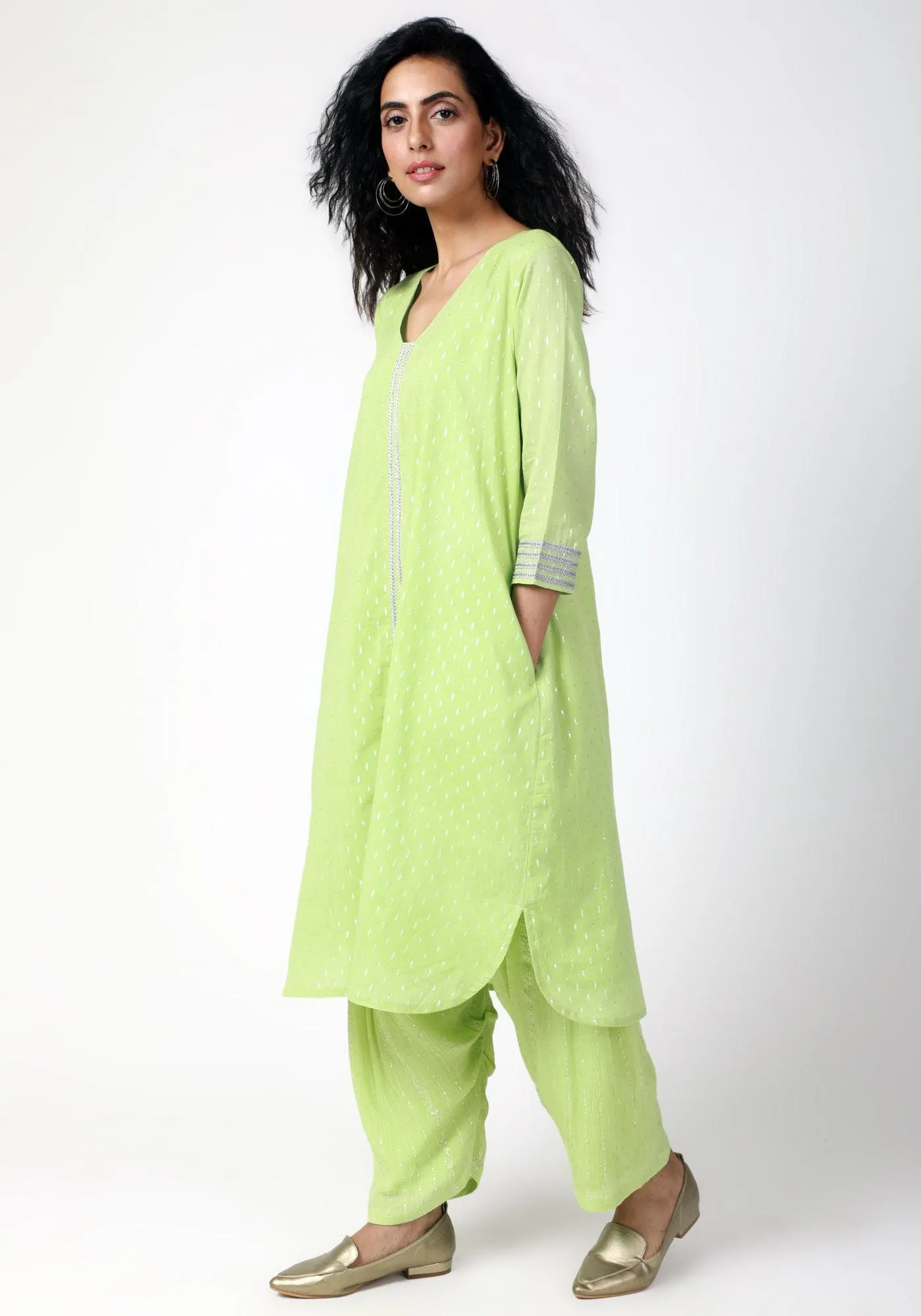 Green Silver Laced Kurta- Ruffled Pant