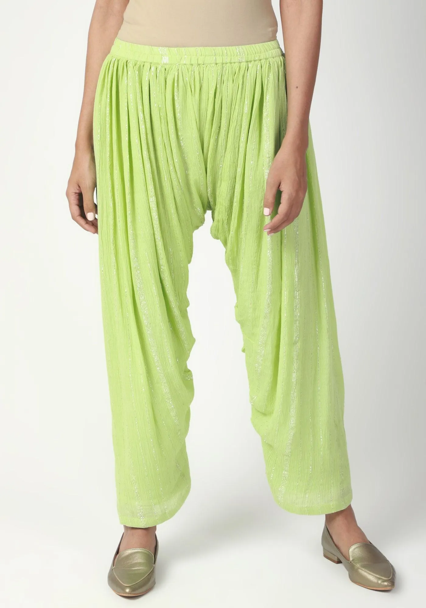 Green Silver Laced Kurta- Ruffled Pant