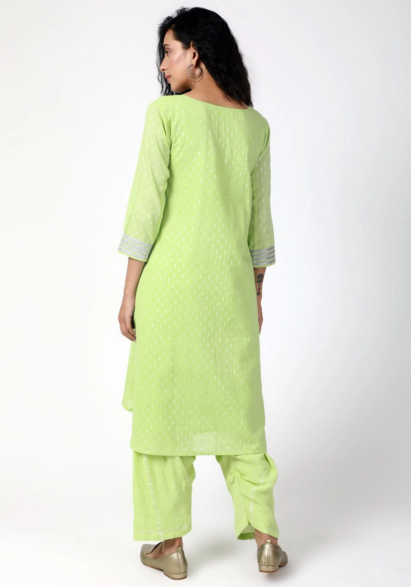 Green Silver Laced Kurta- Ruffled Pant