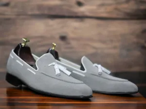 Hand Painted Grey Suede Shoes, Slip On Loafer Tussle Shoes For Men's