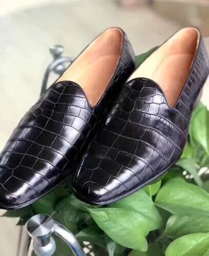 Handmade Black Alligator Loafer Shoes, Men's Stylish Street Wear Shoes