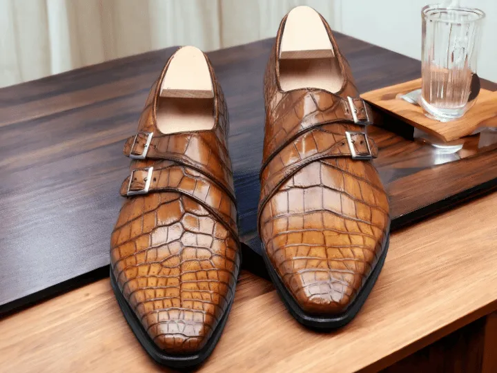 Handmade Brown Double Buckle Alligator Print Leather Shoes, Men's Formal Shoes