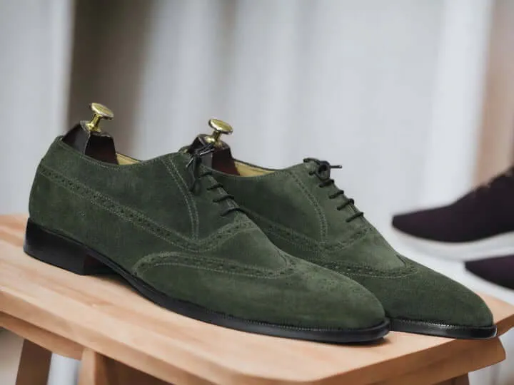 Handmade Green Suede Shoes, Wing Tip Shoes, Lace Up Dress Shoes