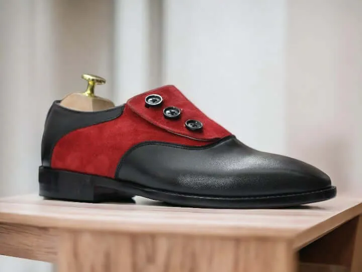 Handmade Men's Black Red Leather Suede Side Button Shoes