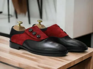 Handmade Men's Black Red Leather Suede Side Button Shoes