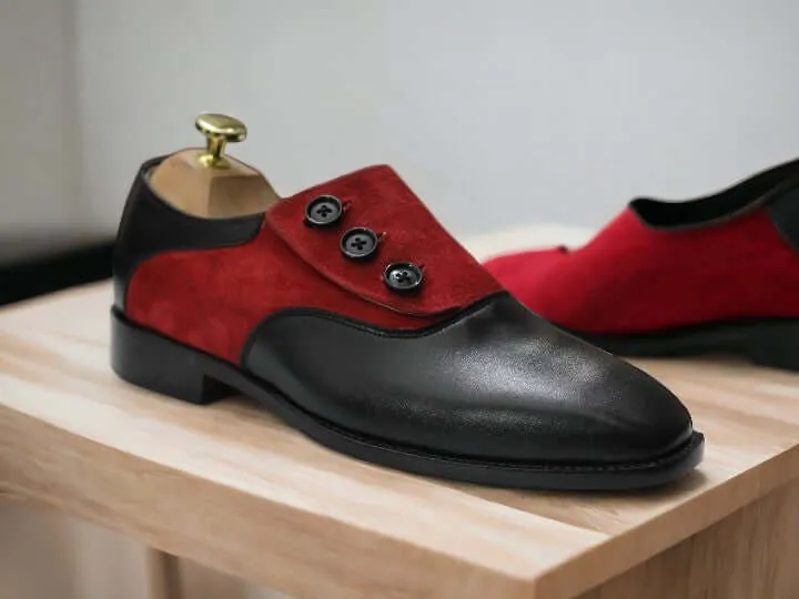 Handmade Men's Black Red Leather Suede Side Button Shoes