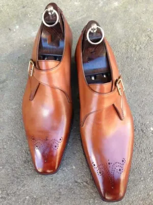 Handmade Men's Monk Shoes,Men's Plain Tan Brown Leather Formal Monk Shoes