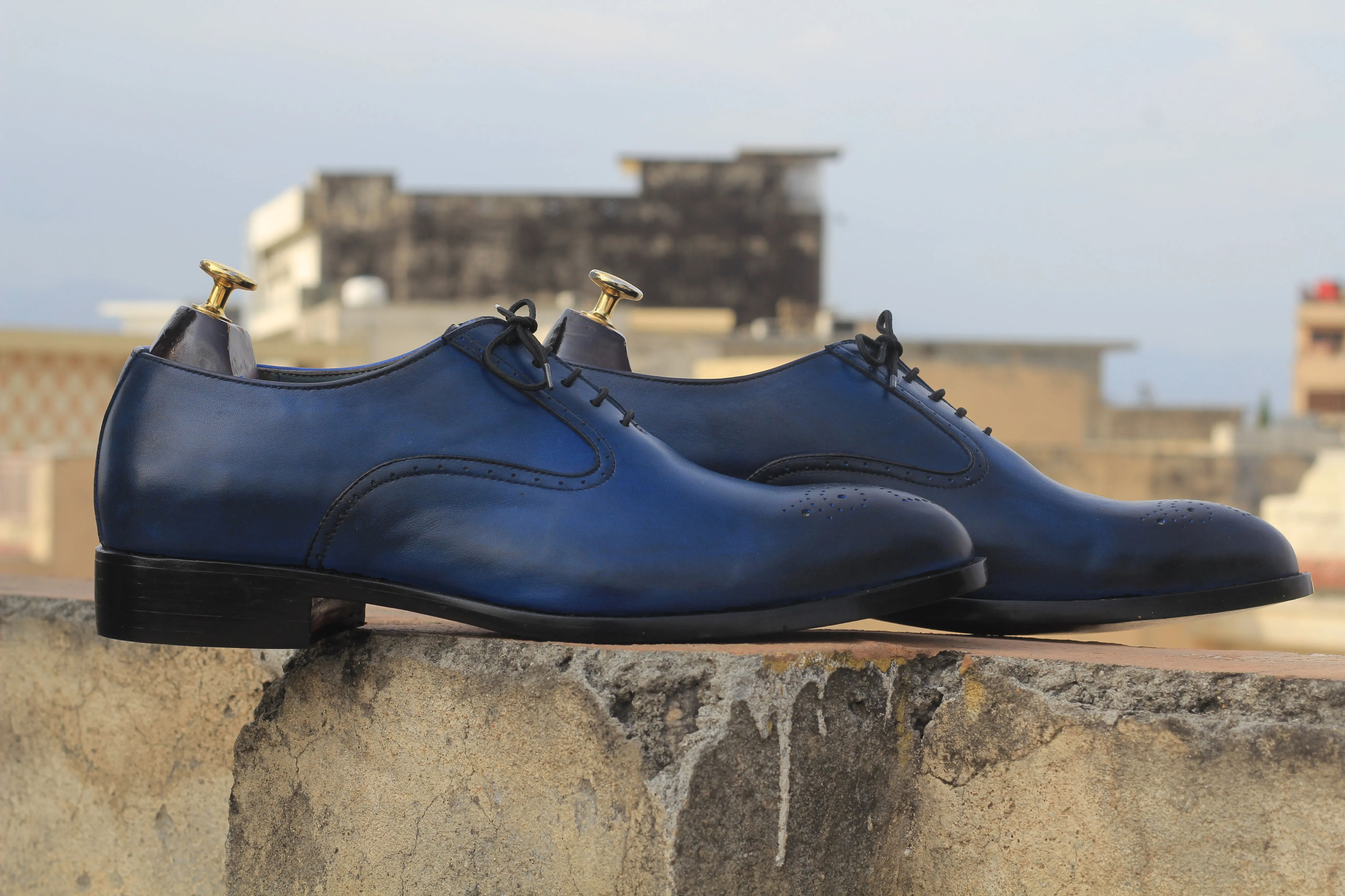 Handmade Two Tone Blue Brogue Toe Lace Up Shoes, Pure Leather Dress Shoes