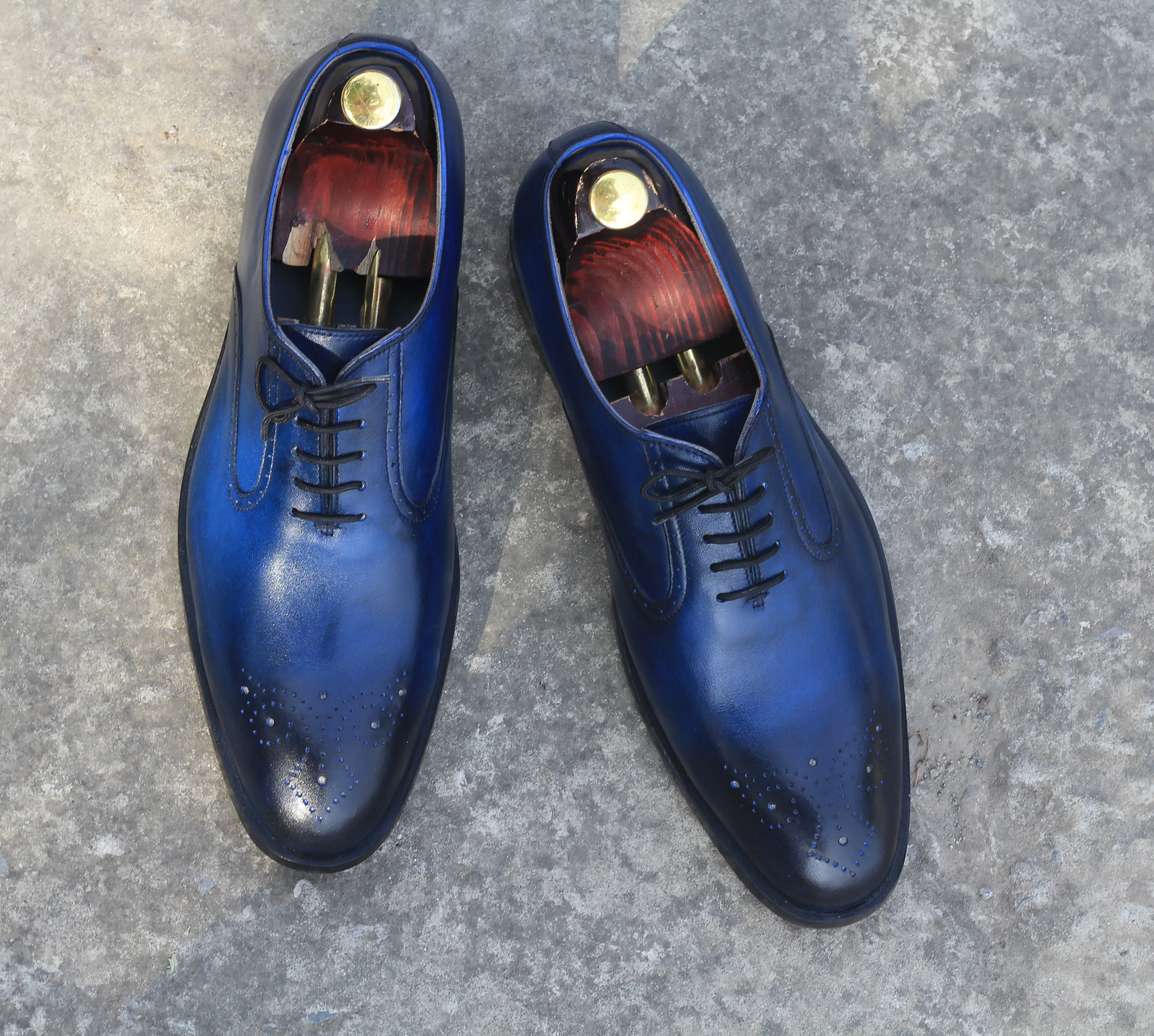 Handmade Two Tone Blue Brogue Toe Lace Up Shoes, Pure Leather Dress Shoes