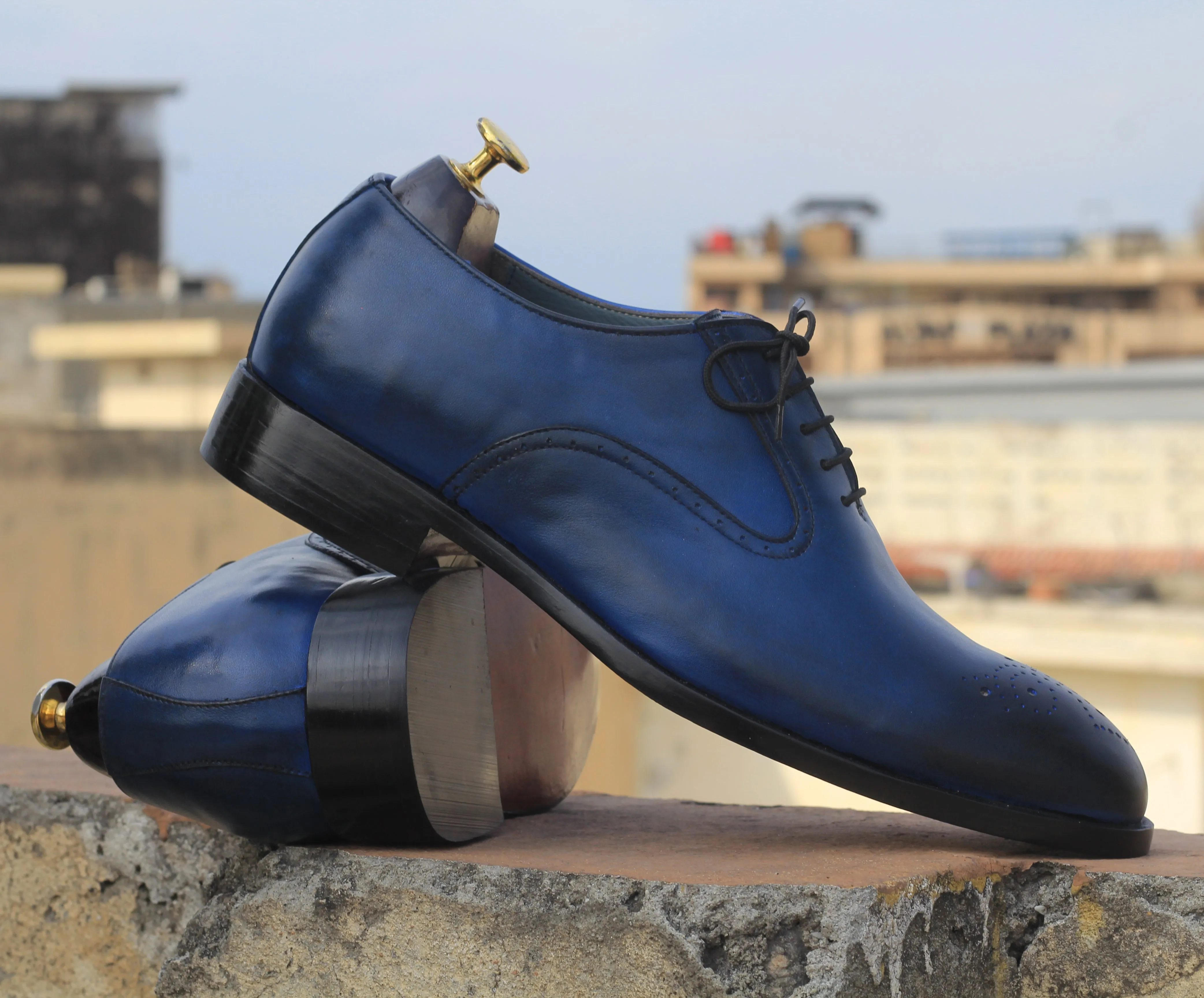 Handmade Two Tone Blue Brogue Toe Lace Up Shoes, Pure Leather Dress Shoes