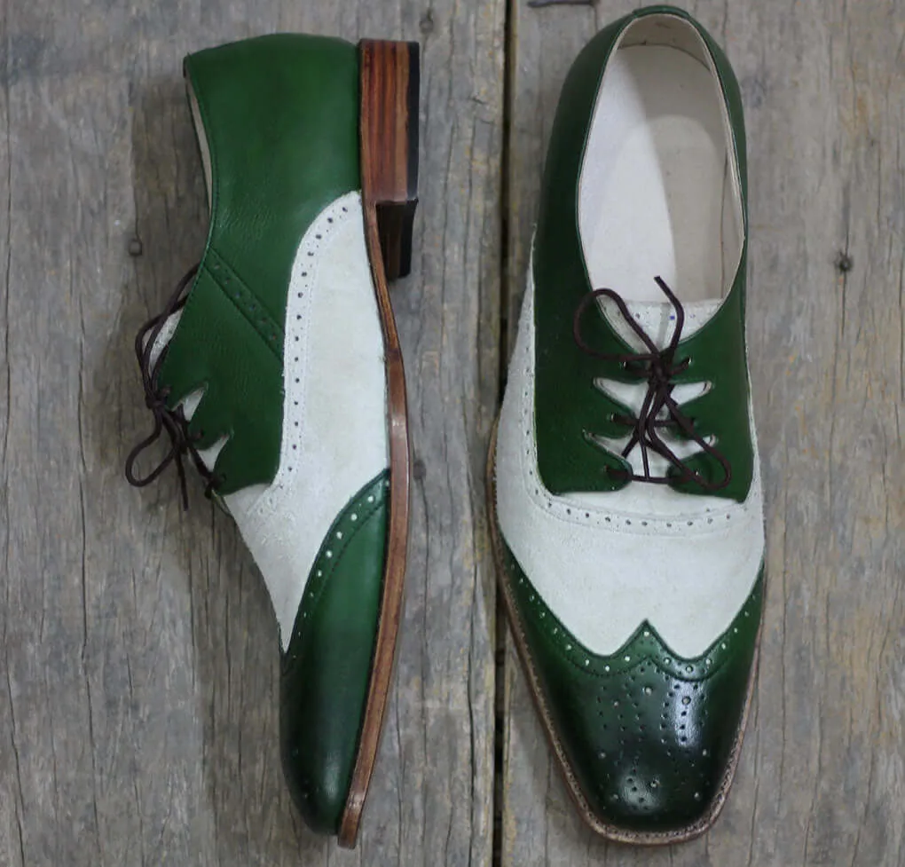 Handmade White & Green Wing Tip Brogue Leather Lace Up Shoes For Men's