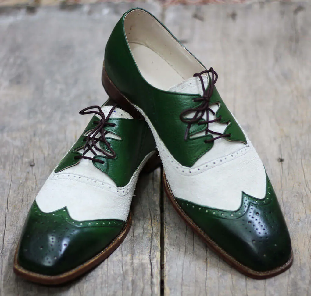 Handmade White & Green Wing Tip Brogue Leather Lace Up Shoes For Men's