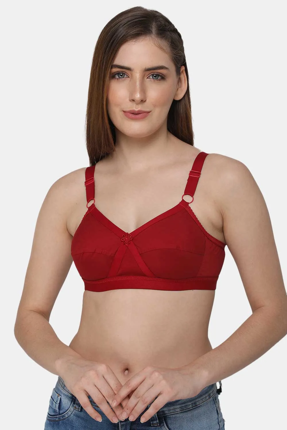 High Coverage Non-Padded Non-Wired Cotton Full Figure Everyday Intimacy Bra - Red