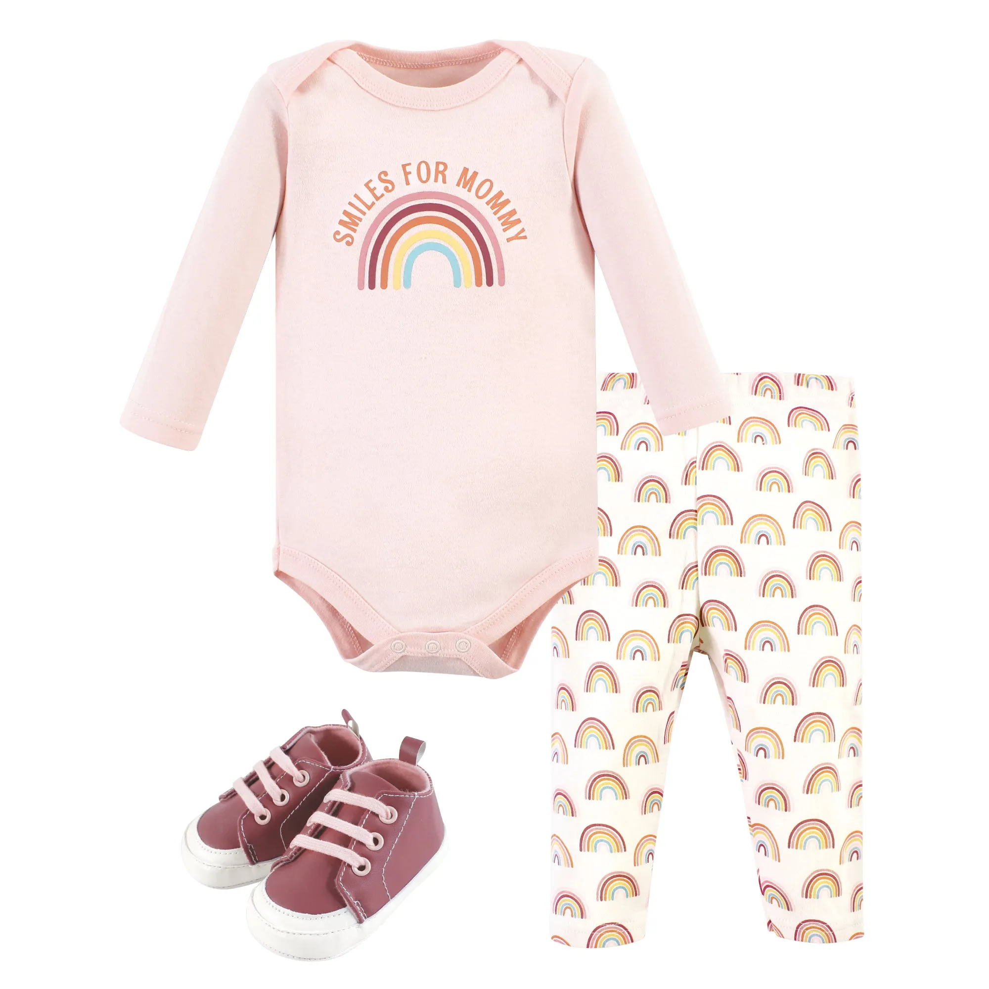 Hudson Baby Cotton Long Sleeve Bodysuit, Pant and Shoe Set, Sunshine Rainbows