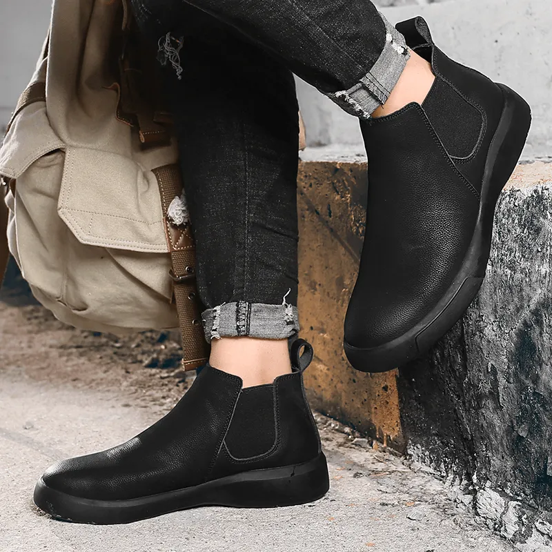 kkboxly kkboxly Men Comfy Cowhide Leather Non Slip Elastic Slip on Casual Chelsea Boots