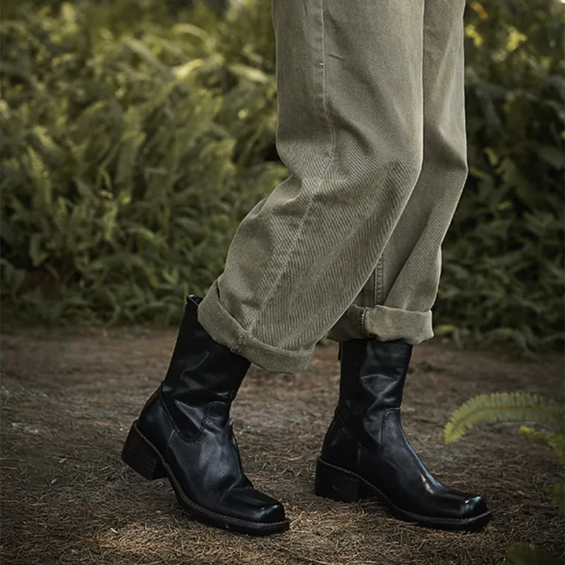 Leather Ankle Boots Comfortable Walking Round Chelsea Boots Back Zip in Dark Brown/Black