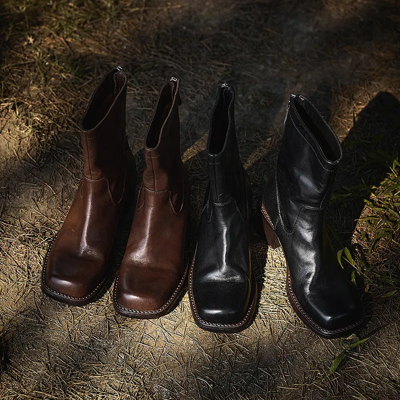 Leather Ankle Boots Comfortable Walking Round Chelsea Boots Back Zip in Dark Brown/Black