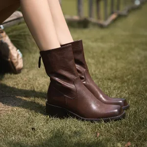 Leather Ankle Boots Comfortable Walking Round Chelsea Boots Back Zip in Dark Brown/Black