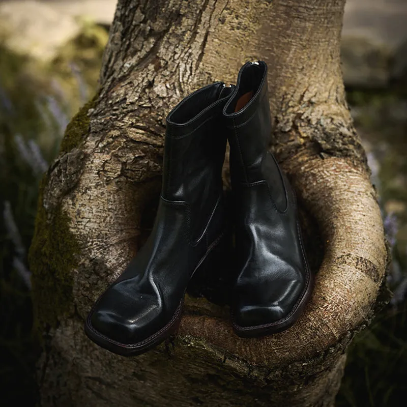 Leather Ankle Boots Comfortable Walking Round Chelsea Boots Back Zip in Dark Brown/Black