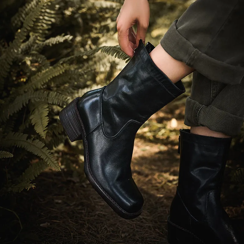 Leather Ankle Boots Comfortable Walking Round Chelsea Boots Back Zip in Dark Brown/Black