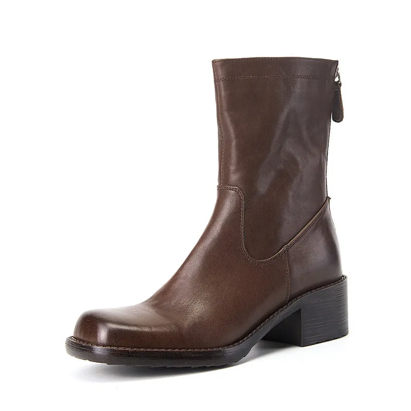 Leather Ankle Boots Comfortable Walking Round Chelsea Boots Back Zip in Dark Brown/Black