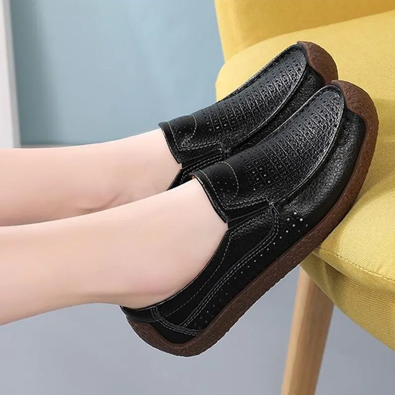 Leather fashion casual non-slip hollow flat lazy shoes