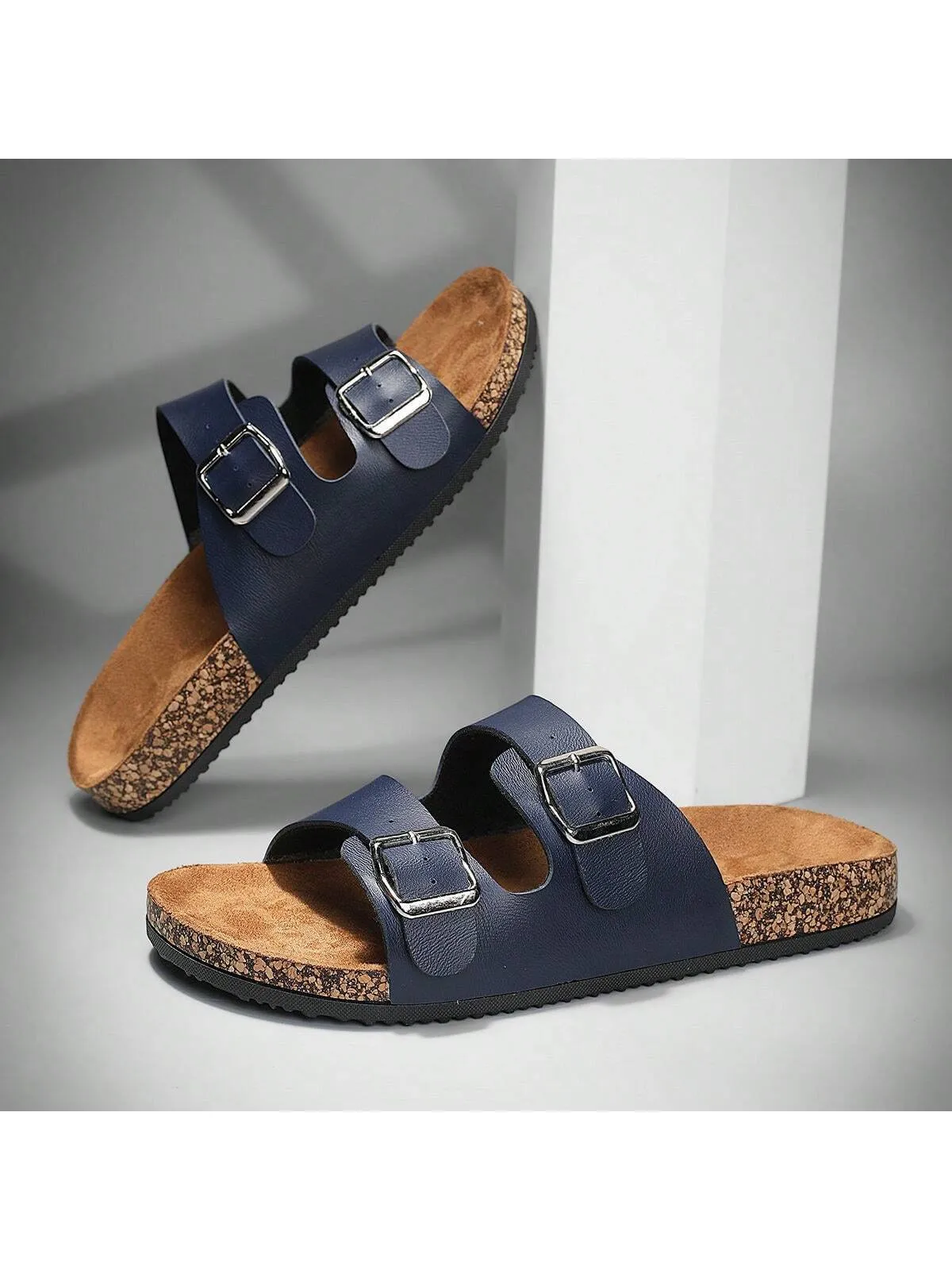 Men Plus Size Buckle Slip-Resistant Soft PU Strap Soft Cork Outsole Flip-Flops Couples Beach Slippers, Outdoor