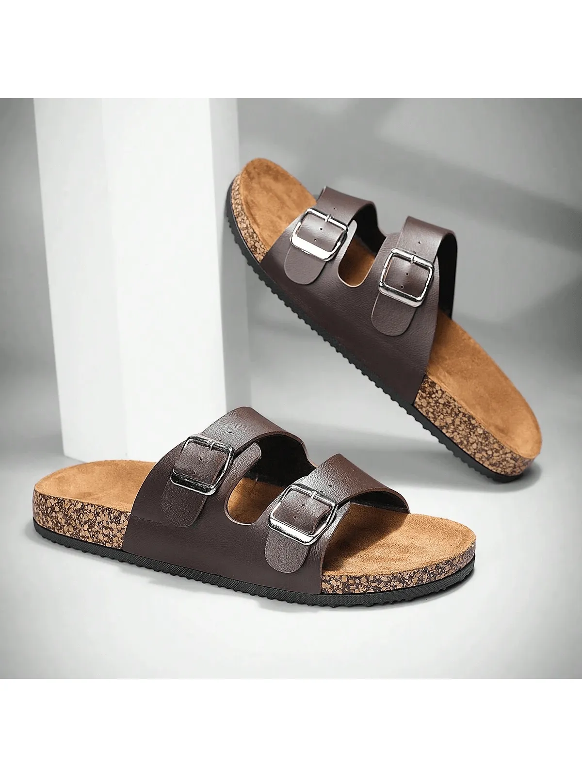 Men Plus Size Buckle Slip-Resistant Soft PU Strap Soft Cork Outsole Flip-Flops Couples Beach Slippers, Outdoor