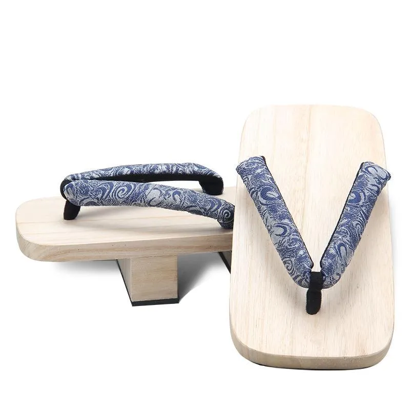 Men White Two Teeth Geta Wooden Sandals 【Blue Whirlwind】