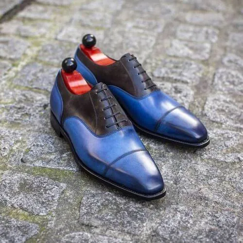 Men's Blue Black Leather Lace Up Shoes Men Dress Formal Cap Toe Shoes