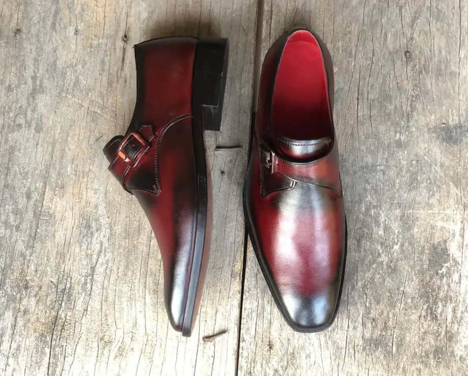 Men's Handmade 2 Tone Burgundy Black Leather formal shoes, Men's Monk Strap Shoes