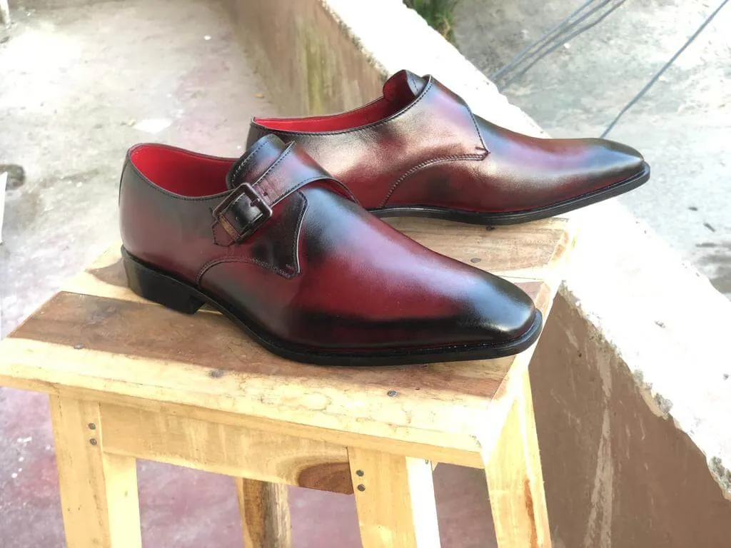 Men's Handmade 2 Tone Burgundy Black Leather formal shoes, Men's Monk Strap Shoes