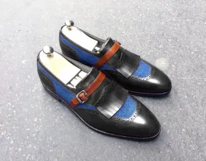 Men's Handmade Multi Color Fringe Monk Straps Leather Shoes