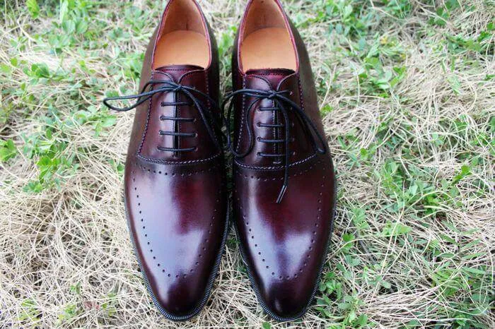 Men's Handmade Pointed Toe Burgundy Leather Lace Up Shoes