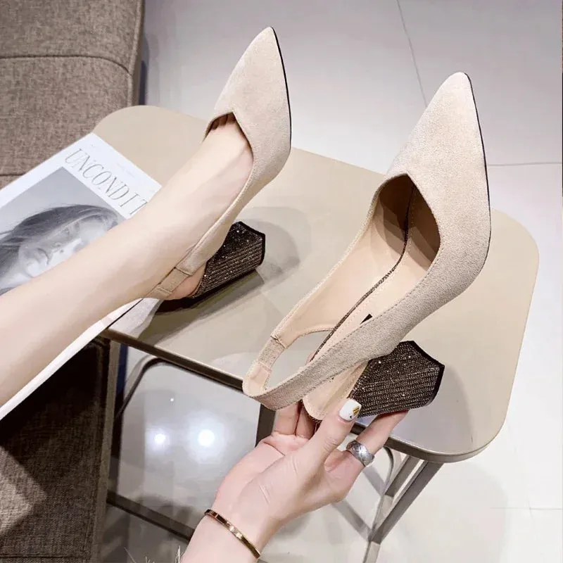 New Design Summer Women's Pointed Solid Back Strap Simple Leather Temperament Comfortable Shallow Mouth High Heel Banquet Shoes