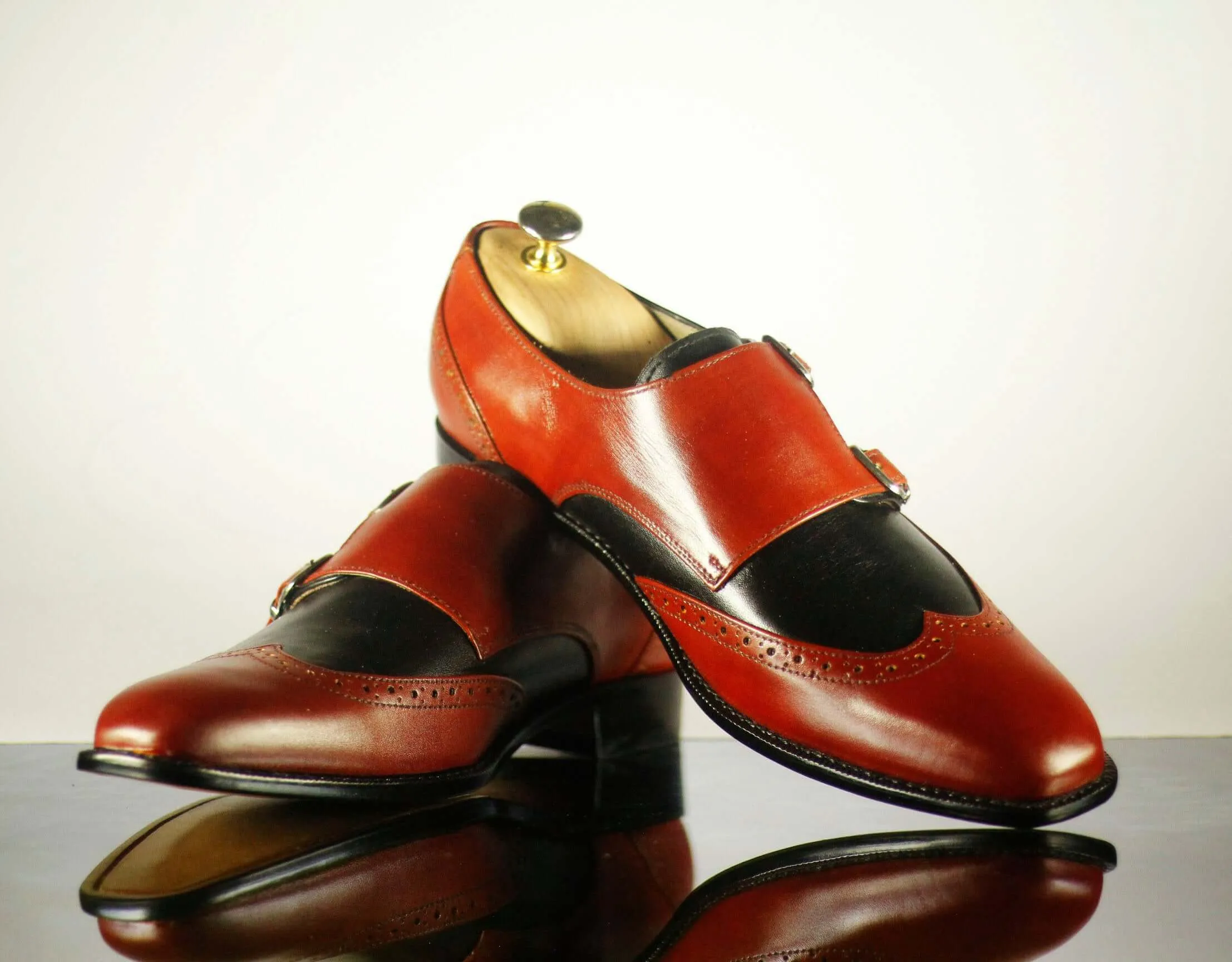 New Handmade Men's Two Tone Double Monk Strap Dress Leather Shoes