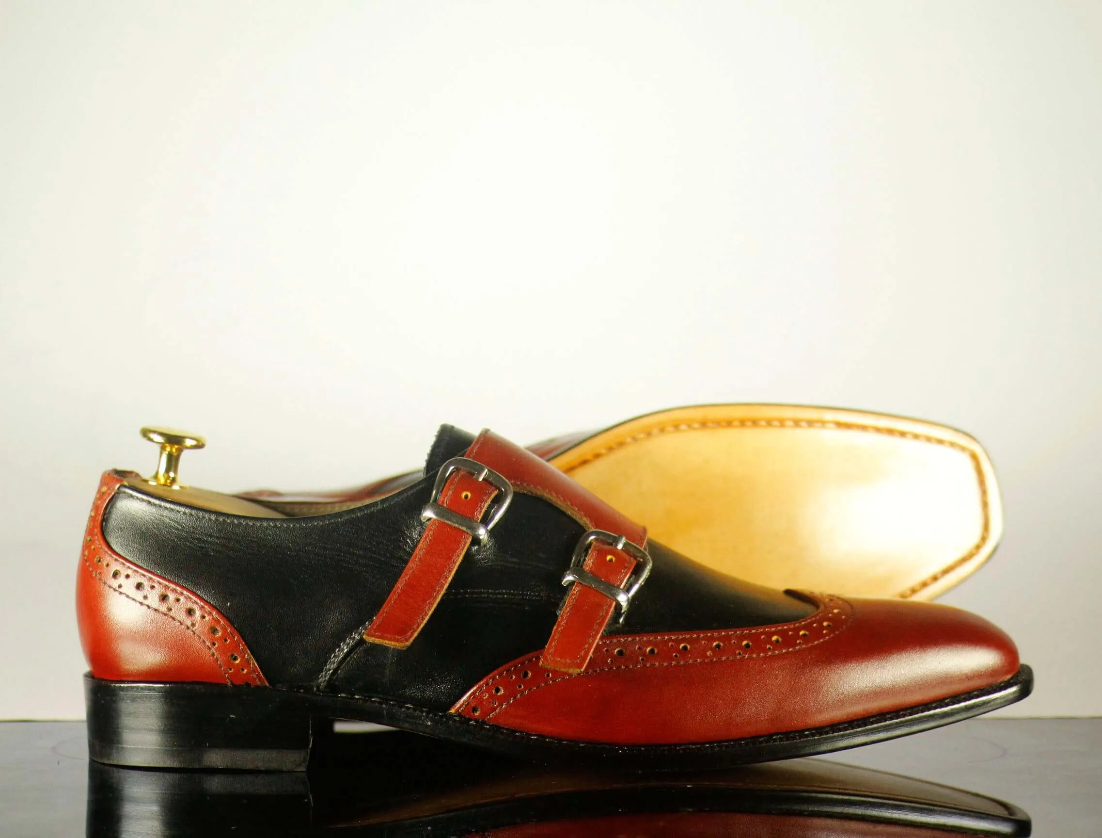 New Handmade Men's Two Tone Double Monk Strap Dress Leather Shoes