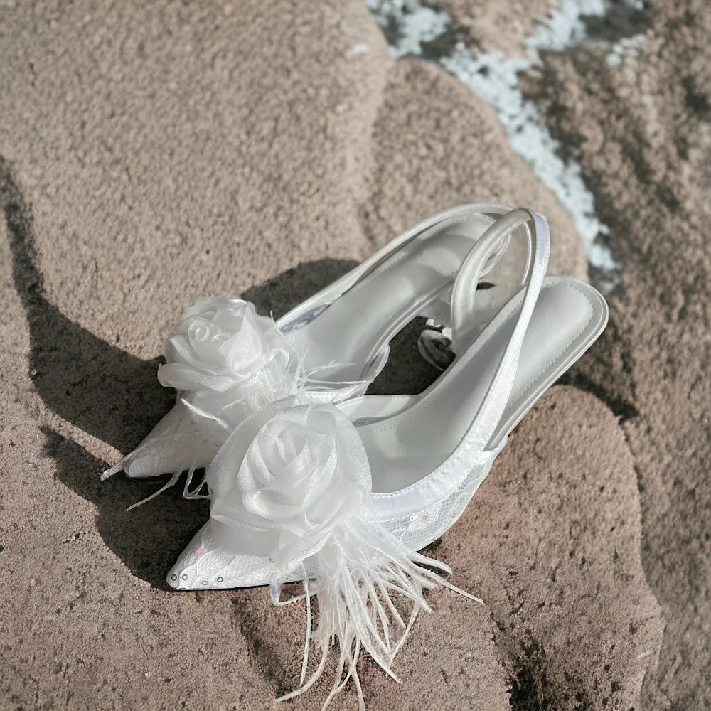 Organza Rose Fabric Flower Feather Shoes Clips, Handmade Decor - White