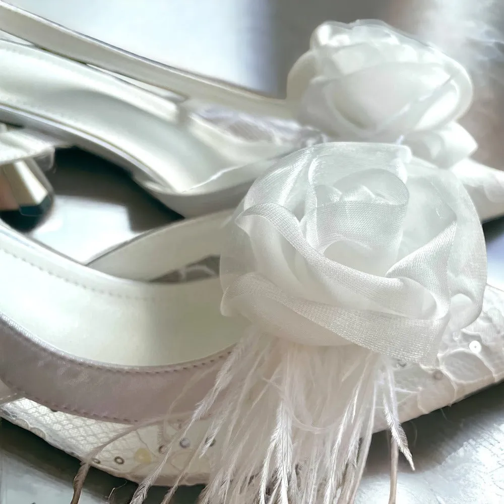 Organza Rose Fabric Flower Feather Shoes Clips, Handmade Decor - White