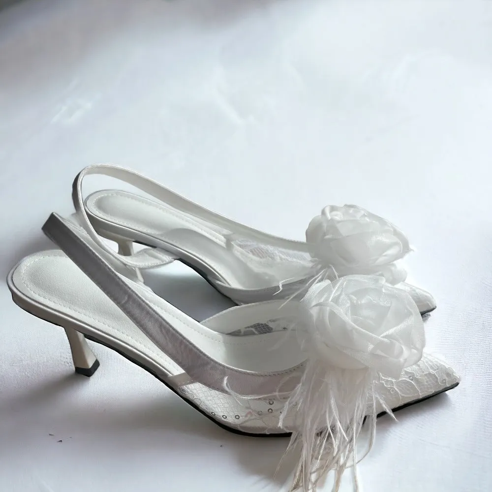 Organza Rose Fabric Flower Feather Shoes Clips, Handmade Decor - White